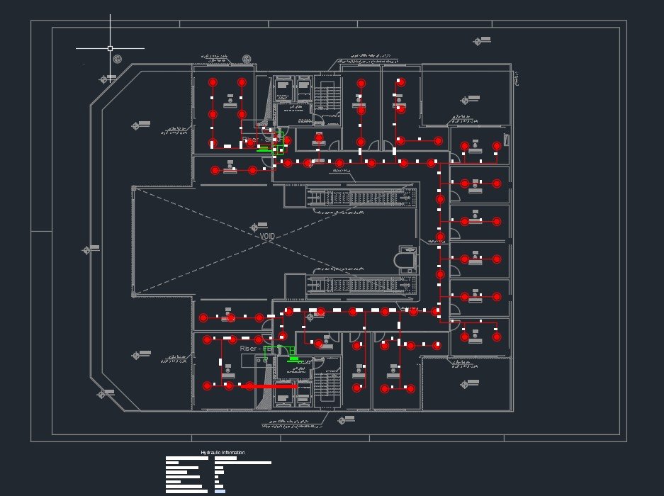 AutoCAD floor plan of a wet-pipe sprinkler and standpipe fire protection system, showing sprinkler heads, branch piping, and hydraulic riser routing