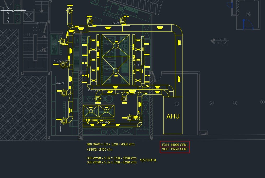 AutoCAD mechanical-room plan showing supply and exhaust ductwork sized in CFM, air handling unit, and diffuser layout