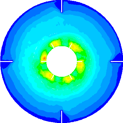 Water volume fraction viewed along the shaft axis at t equals 0.24 seconds, showing oil drawn toward the impeller
