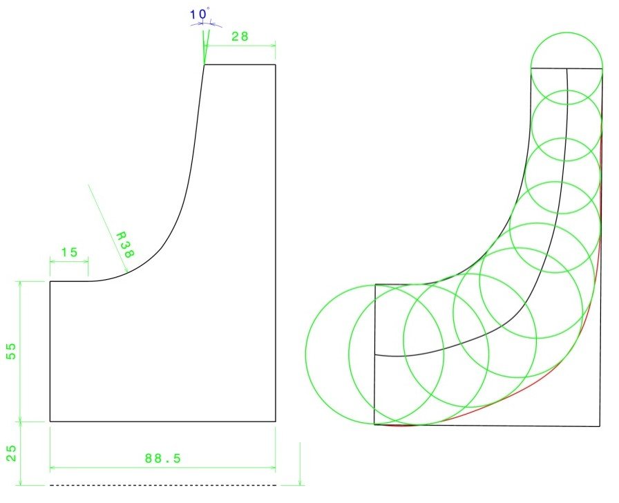 Meridional half-section drawing of the centrifugal pump impeller and volute, with the inscribed-circle construction used to size the volute cross-section